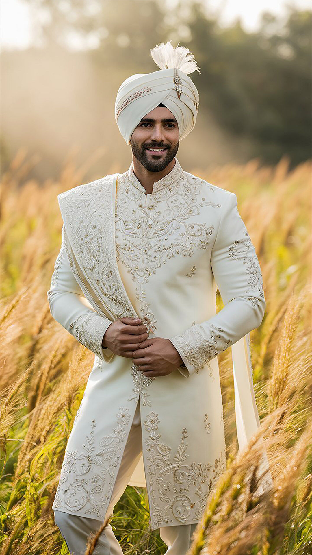 Groom posing in an intricately embroidered ivory sherwani and turban in a golden field during sunset for wedding photoshoot